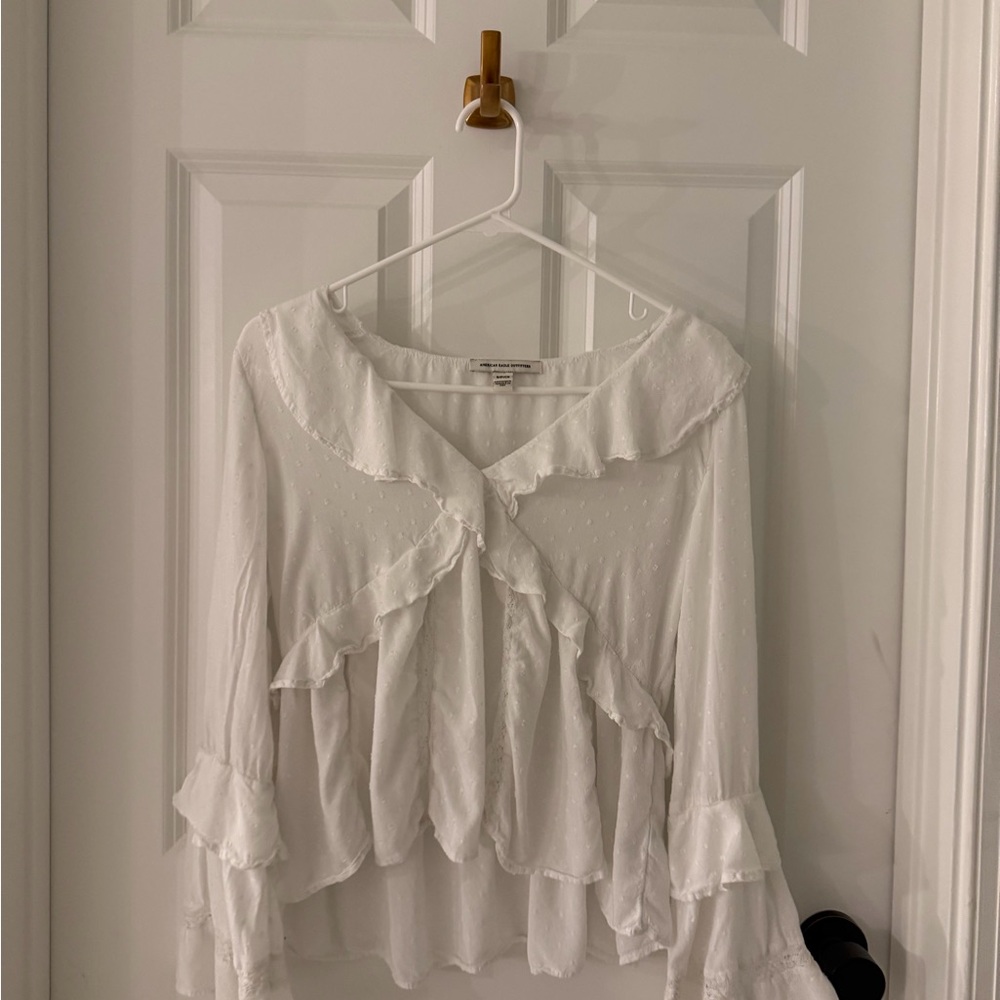 American E White Ruffled Women's Top